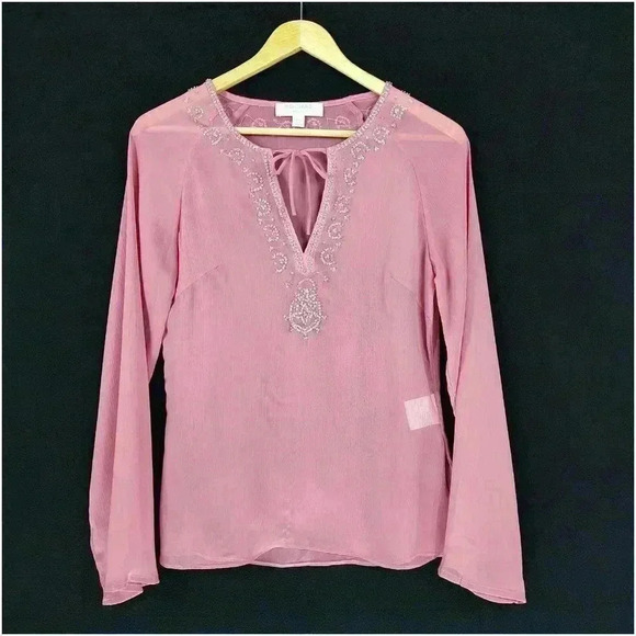 Rochas Tunic Top S Long Sleeve Embellished V-Neck Tie Pink Polyester Blouse - Picture 1 of 4